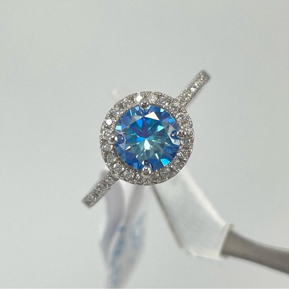 1ct Royal Blue Moissanite Solid Silver Elegant Halo Ring Sz 7